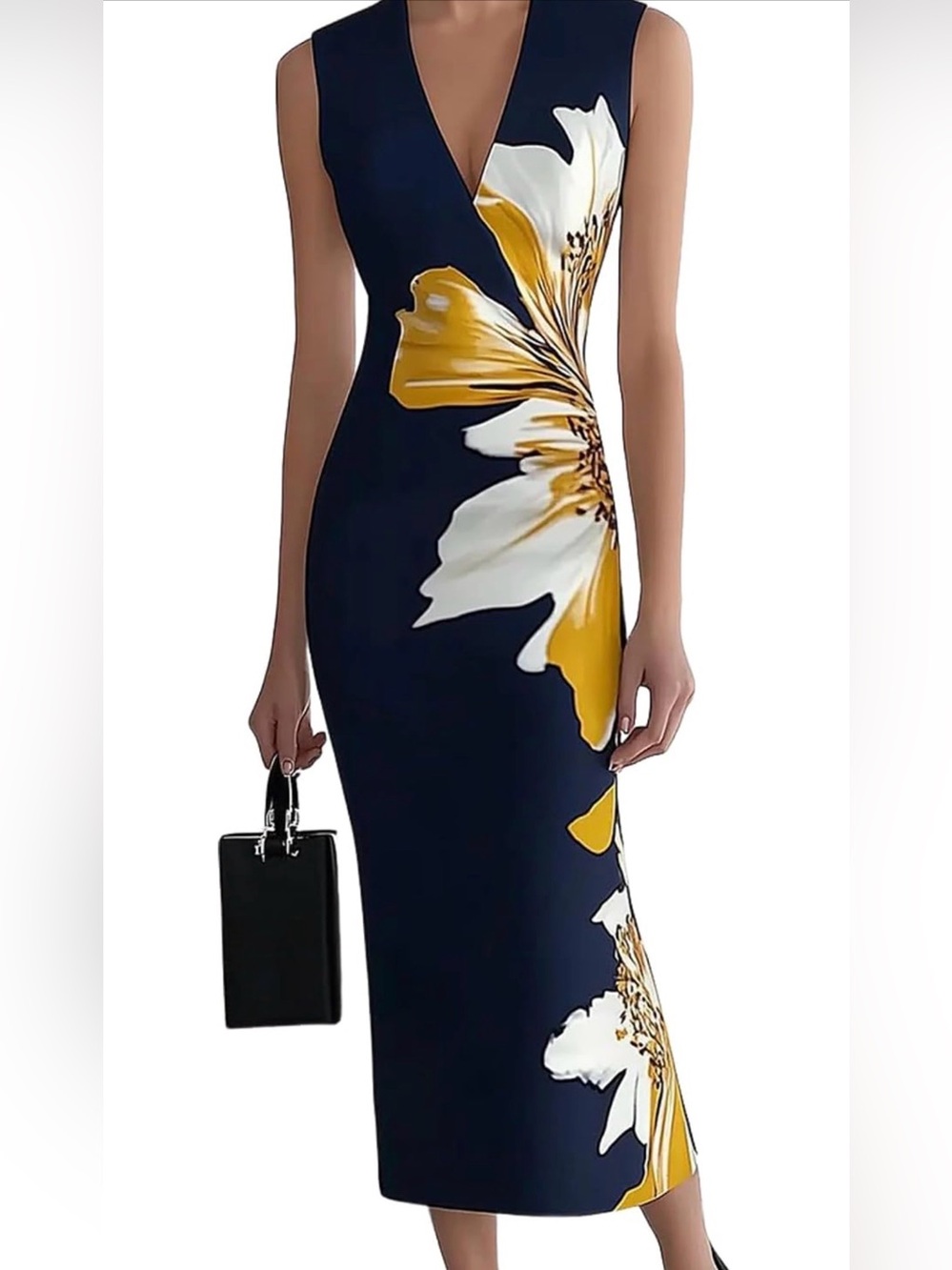 Navy Elegant Maxi Dress with Yellow & White Floral Print